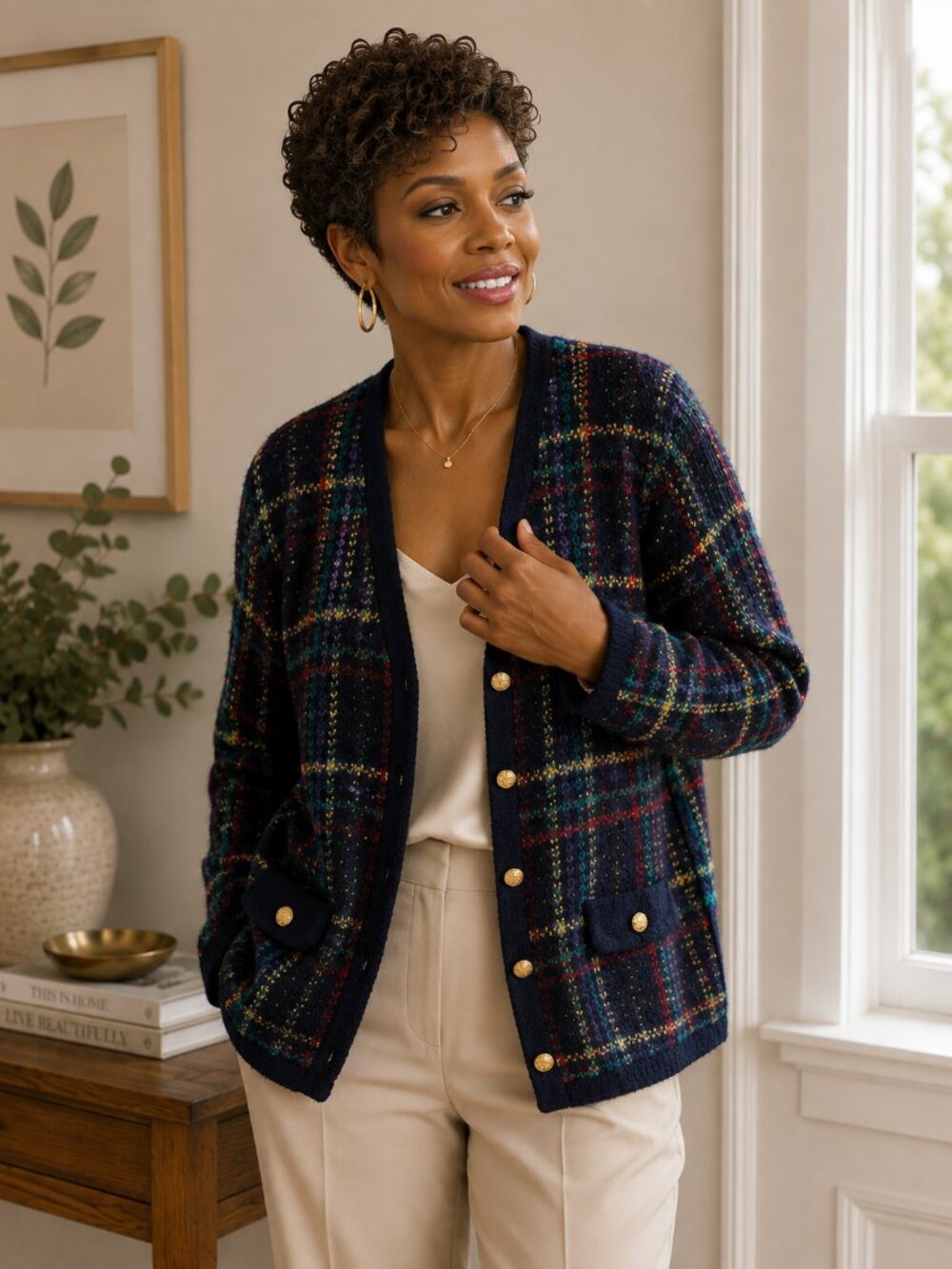 Navy Multicolor Plaid Knit Cardigan with Gold Buttons